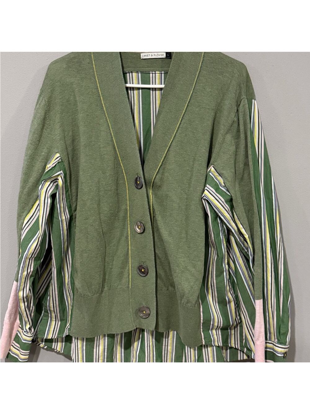 Zaket & Plover Stripe Trim Mixed Media Cardigan Green Large Cotton Silk Blend